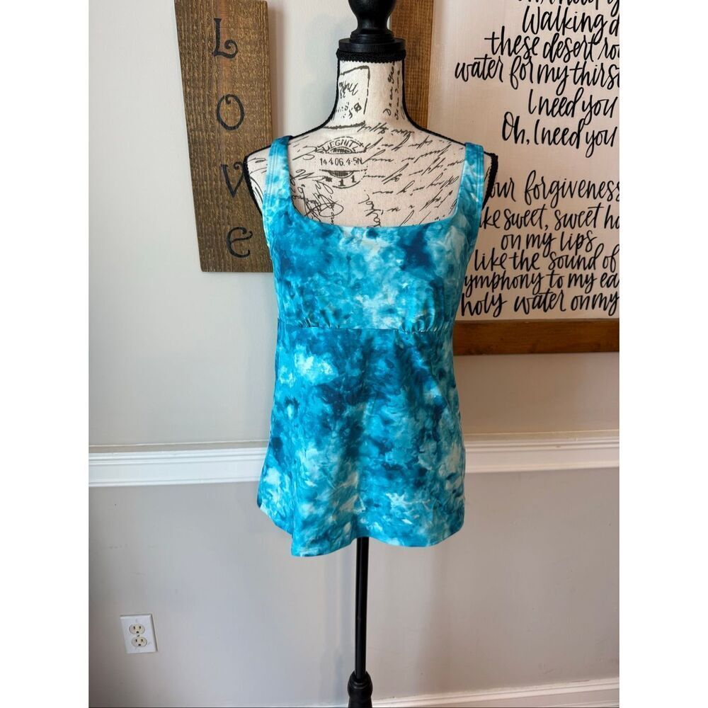 Lands' End Women's Tie Dye Square Neck Built-In Bra Tankini Top Blue Size 10L